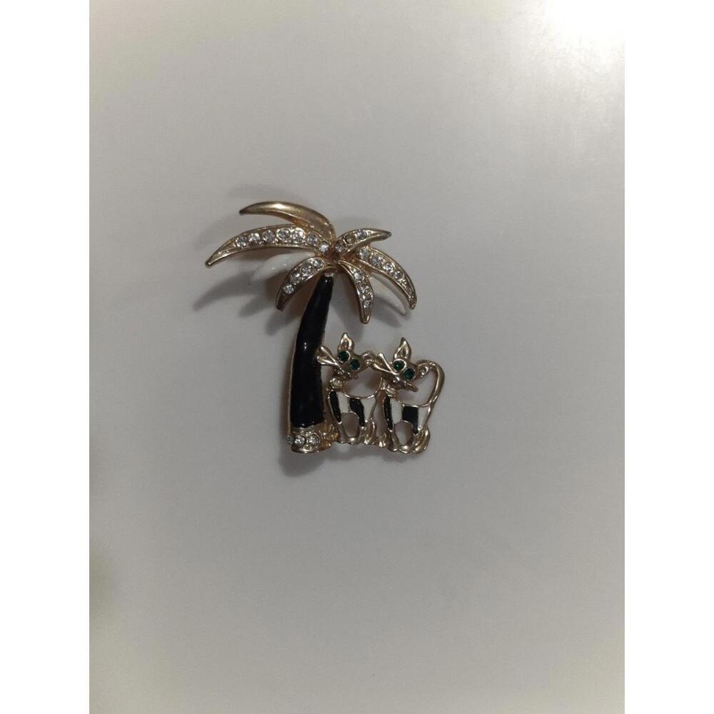 Vintage Palm Tree & 2 Pin Brooch Gold Black‎ Rhinestone Crystal 1980s
